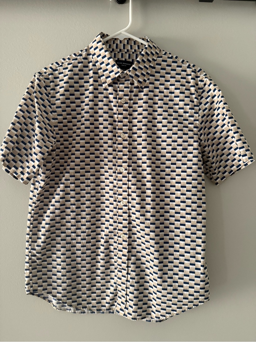 Club Monaco Navy and Cream Short-Sleeve Button-Down Shirt